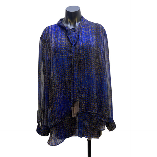 NWT Joseph Ribkoff Sheer Blue & Black Blouse w/Gold Fringe Detail Size 18