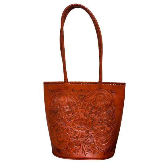 Alexis David Handcrafted Embossed Leather Shoulder Bag With Floral Design Orange