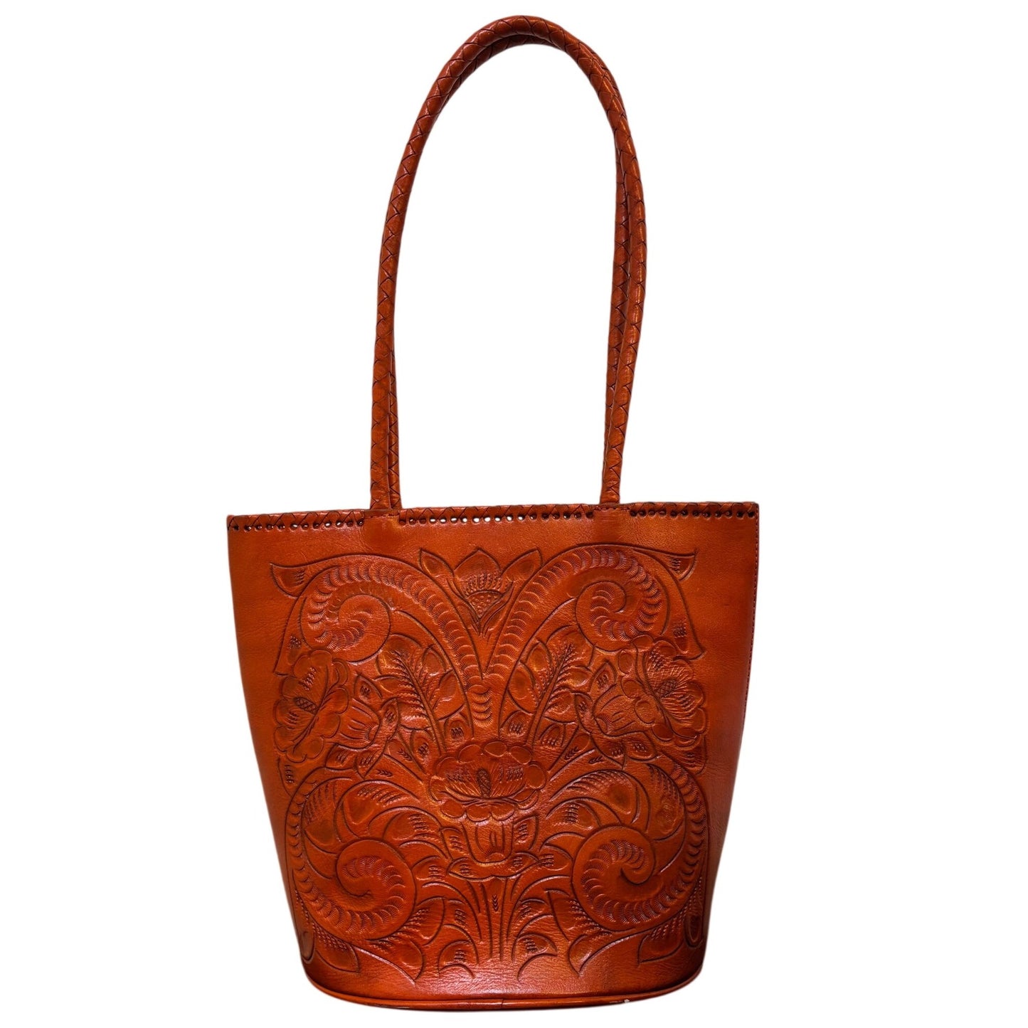 Alexis David Handcrafted Embossed Leather Shoulder Bag With Floral Design Orange