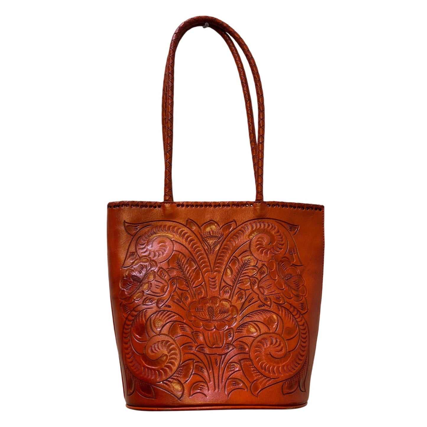 Alexis David Handcrafted Embossed Leather Shoulder Bag With Floral Design Orange