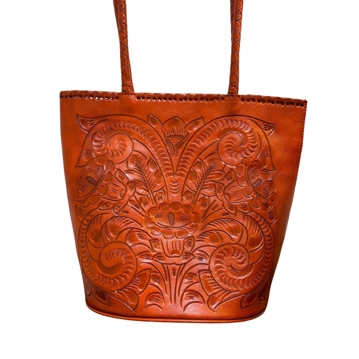 Alexis David Handcrafted Embossed Leather Shoulder Bag With Floral Design Orange