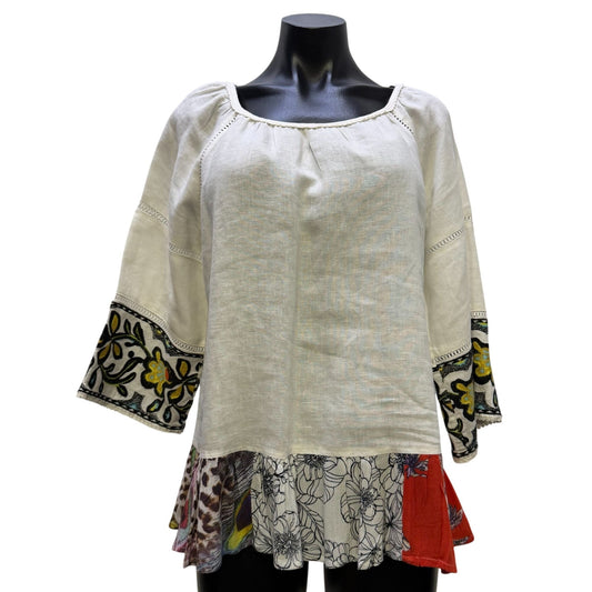 John Mark Linen Blouse With Embroidered Sleeves White Multi M