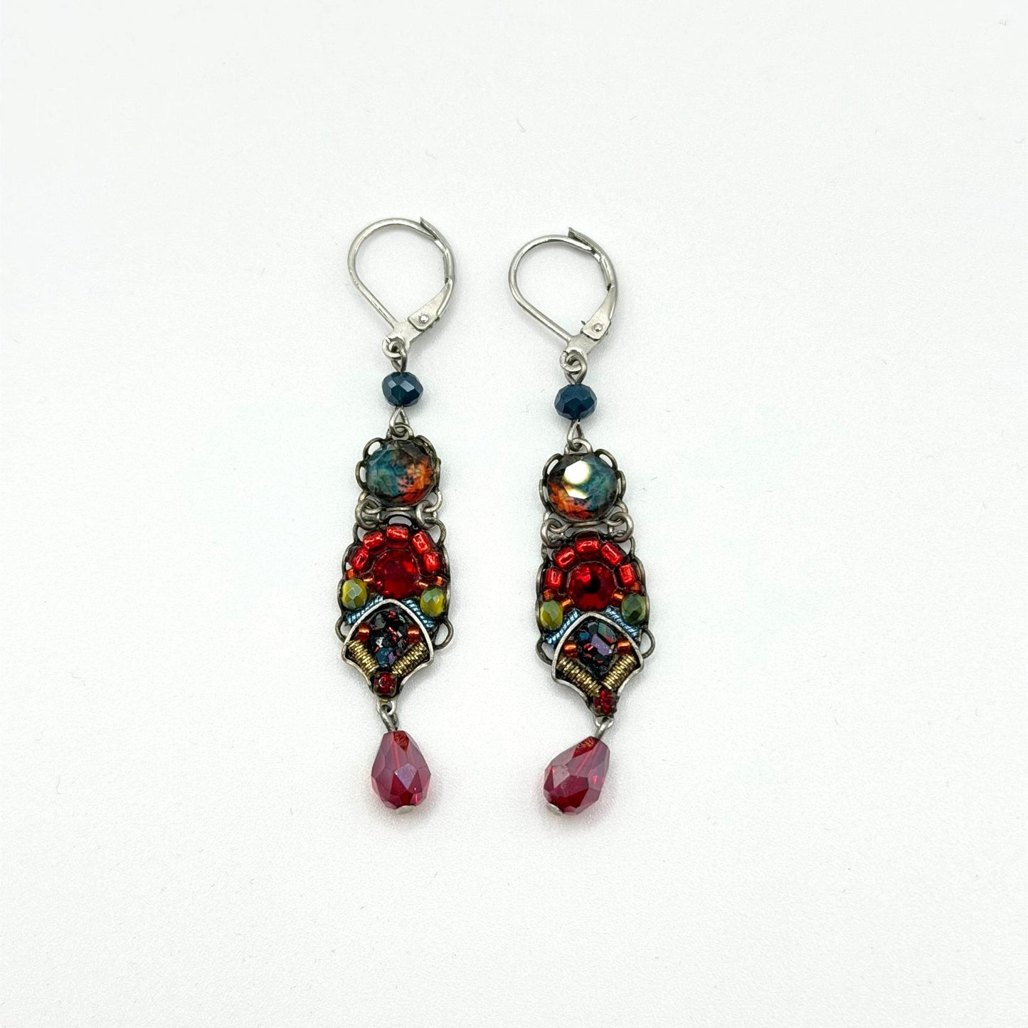 Ayla Bar Multi-Color Crystal Dangle Earrings Red Silver-Tone