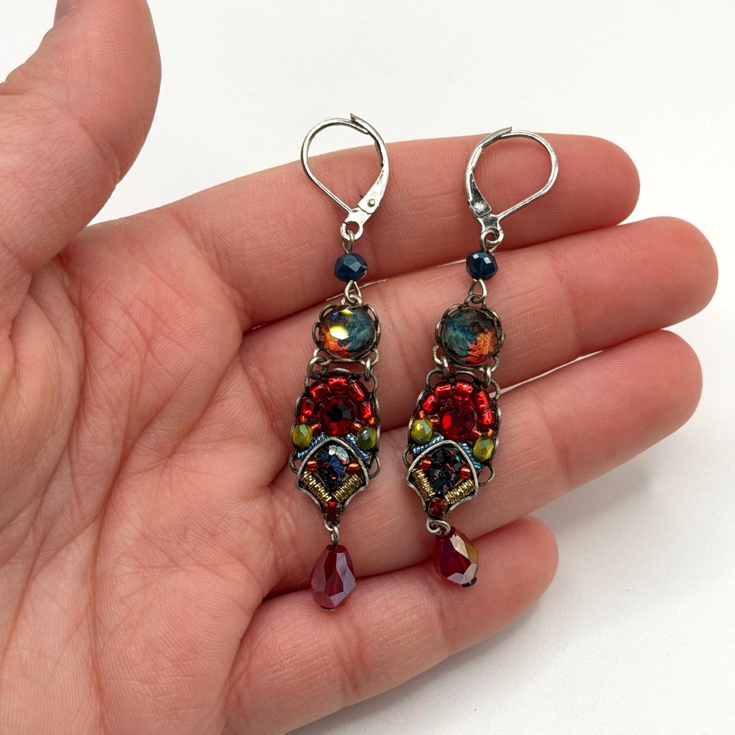 Ayla Bar Multi-Color Crystal Dangle Earrings Red Silver-Tone