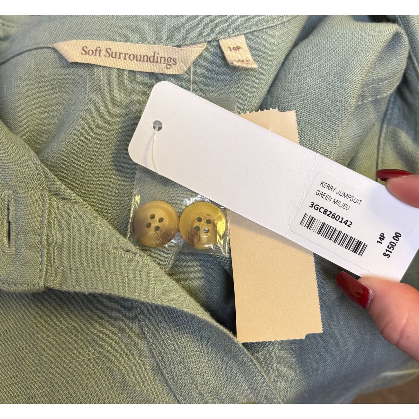 NWT Soft Surroundings Green Button-Up Belted Jumpsuit  14P