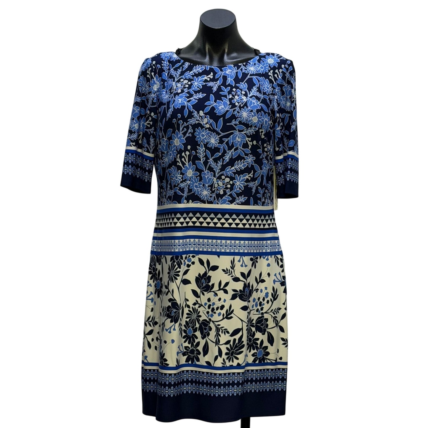 NWT Eliza J Blue Floral Print Dress With Gold Size 8