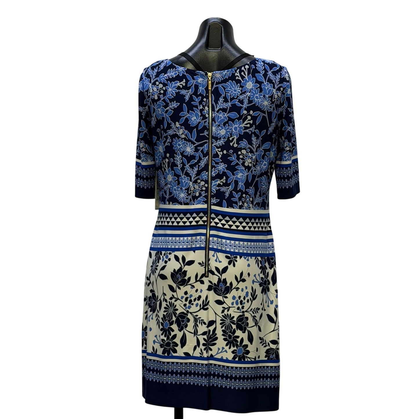 NWT Eliza J Blue Floral Print Dress With Gold Size 8