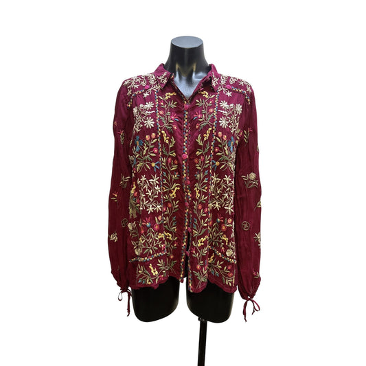 Johnny Was Burgundy Floral Embroidered Button-Up Blouse Size S