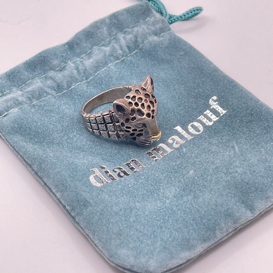 Dian Malouf Sterling Silver & 14K Gold Leopard Head Ring Textured Band