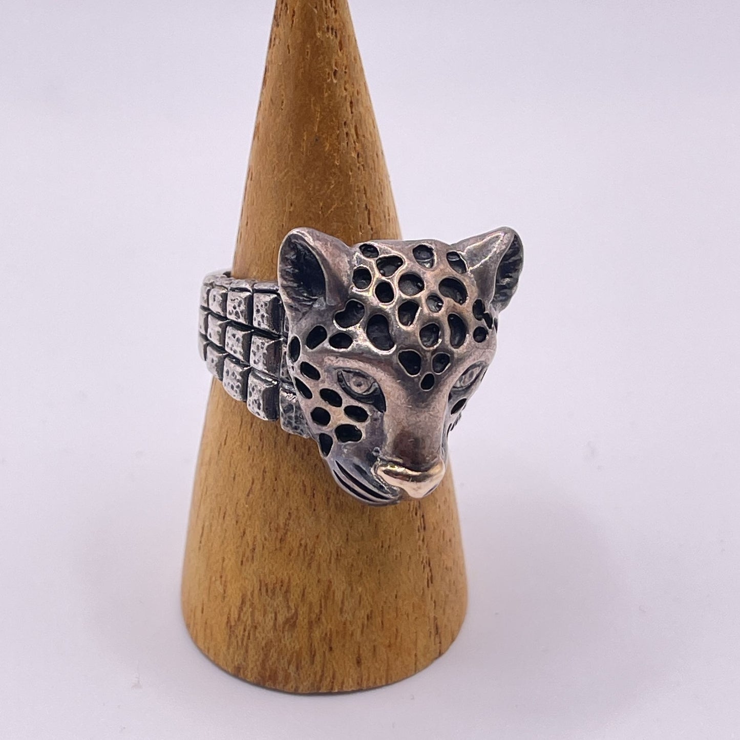 Dian Malouf Sterling Silver & 14K Gold Leopard Head Ring Textured Band
