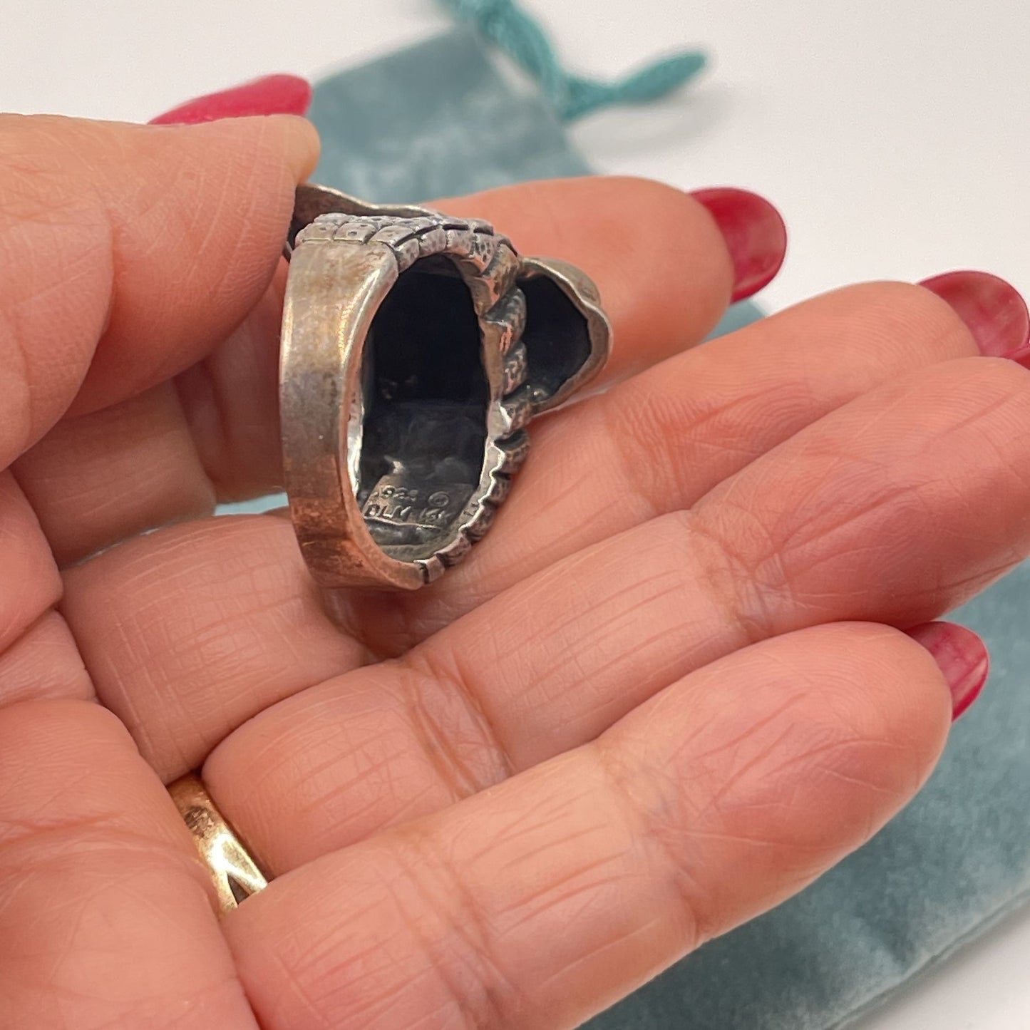 Dian Malouf Sterling Silver & 14K Gold Leopard Head Ring Textured Band