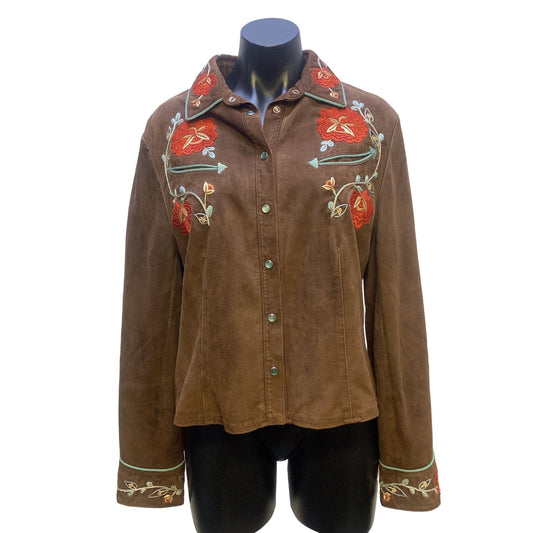 Double D Ranch Brown w/Multicolored Embroidery Suede Western Shirt Size Medium