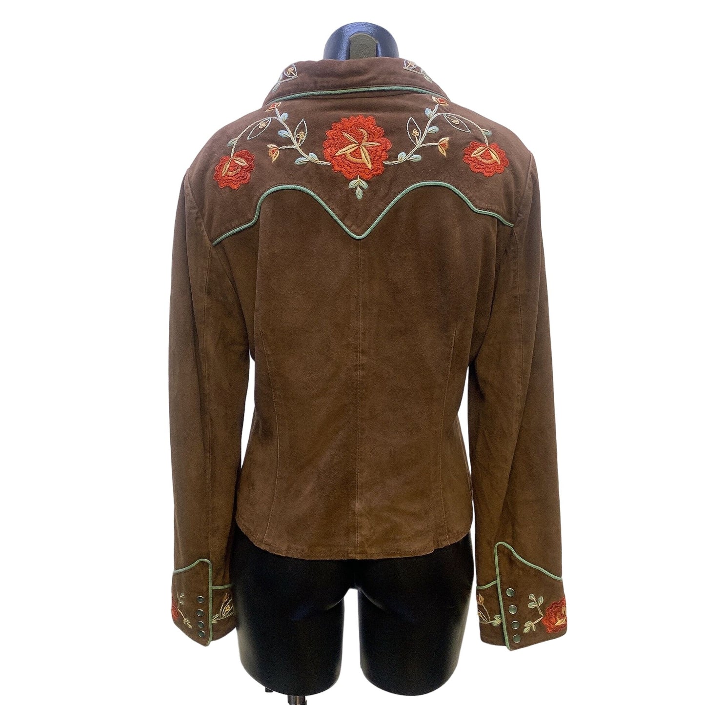 Double D Ranch Brown w/Multicolored Embroidery Suede Western Shirt Size Medium