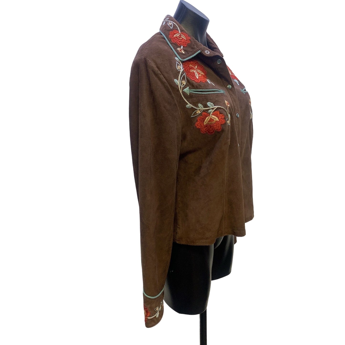 Double D Ranch Brown w/Multicolored Embroidery Suede Western Shirt Size Medium