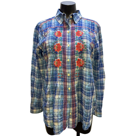 Johnny Was Blue Plaid Button-Up Shirt w/Red Floral Embroidery & Long Sleeves Size M