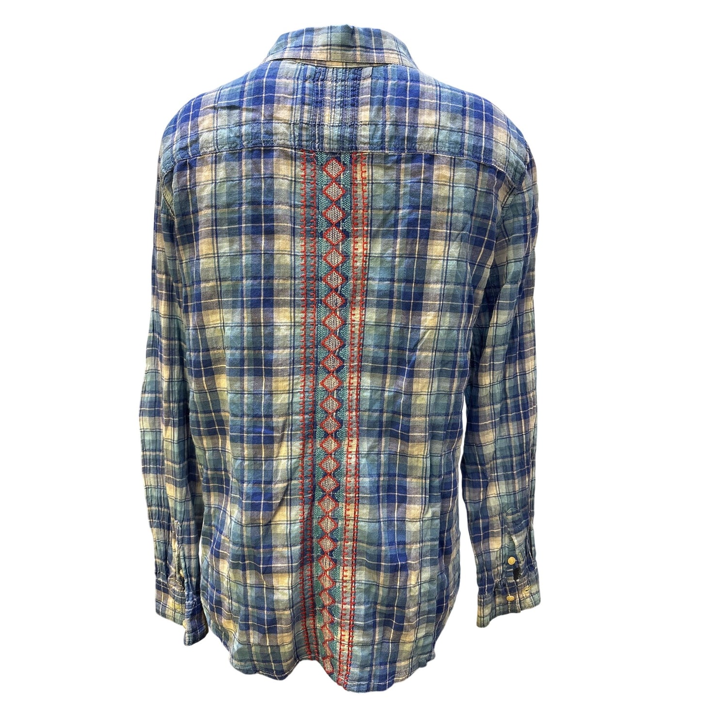 Johnny Was Blue Plaid Button-Up Shirt w/Red Floral Embroidery & Long Sleeves Size M