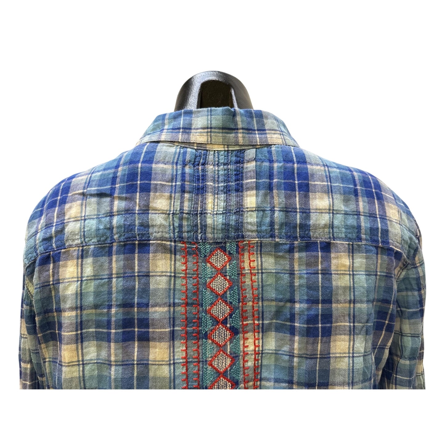 Johnny Was Blue Plaid Button-Up Shirt w/Red Floral Embroidery & Long Sleeves Size M