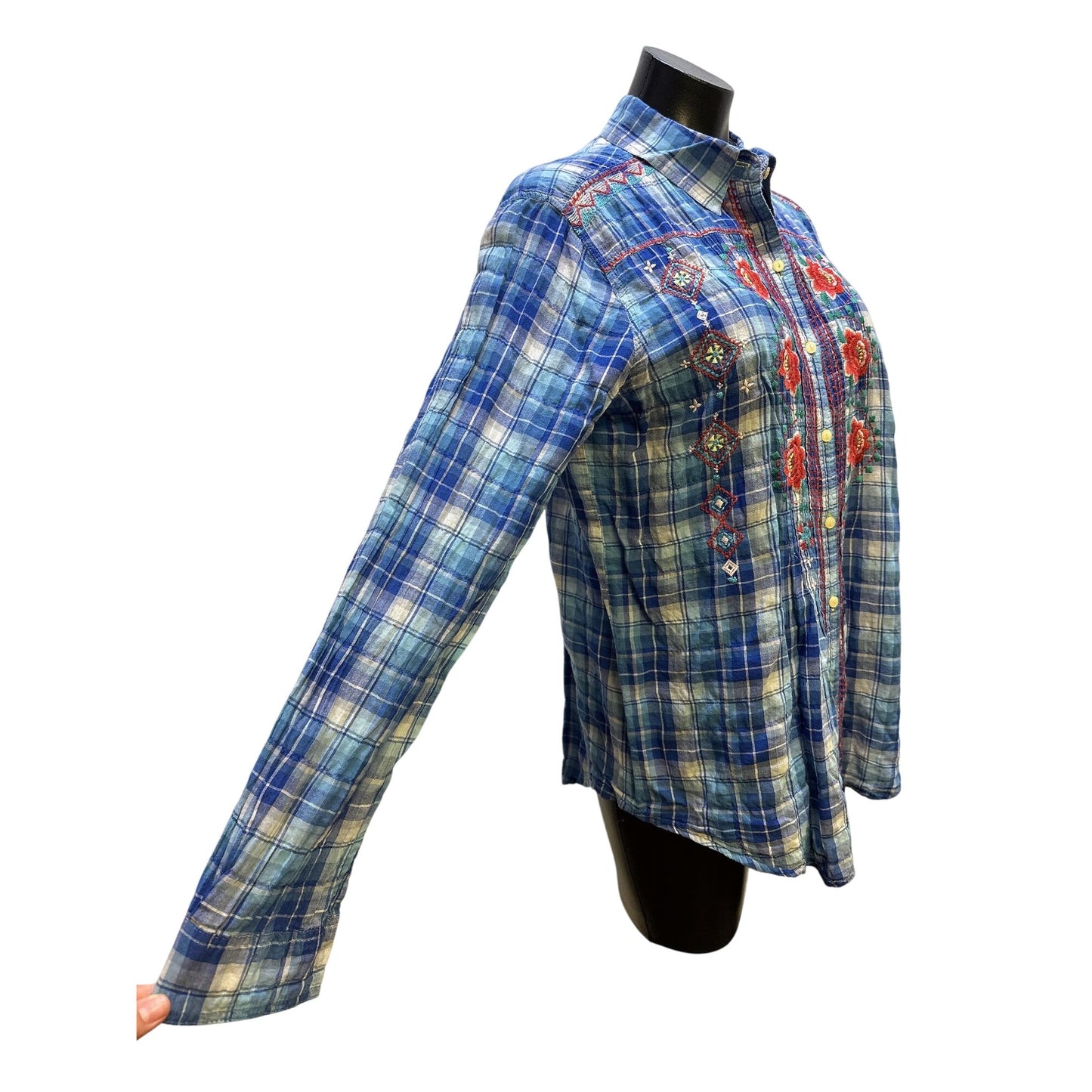 Johnny Was Blue Plaid Button-Up Shirt w/Red Floral Embroidery & Long Sleeves Size M