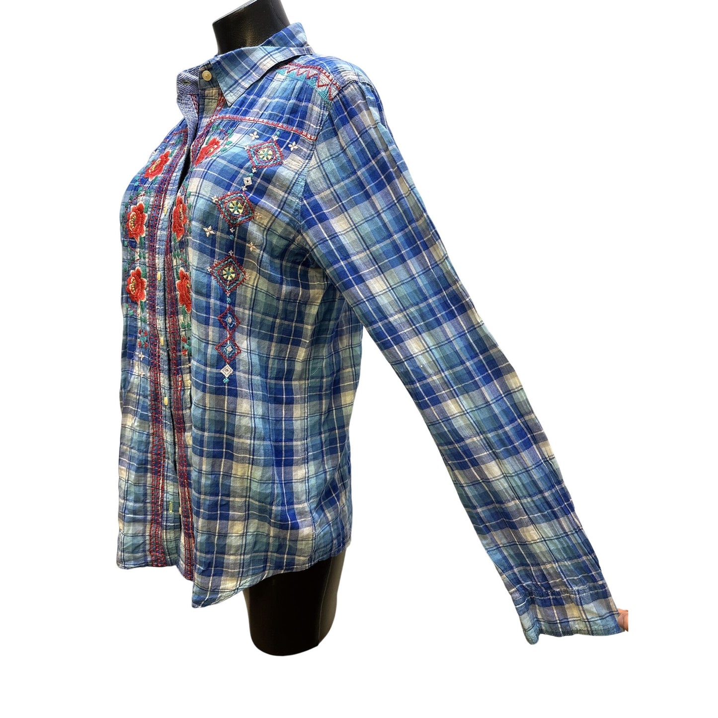 Johnny Was Blue Plaid Button-Up Shirt w/Red Floral Embroidery & Long Sleeves Size M