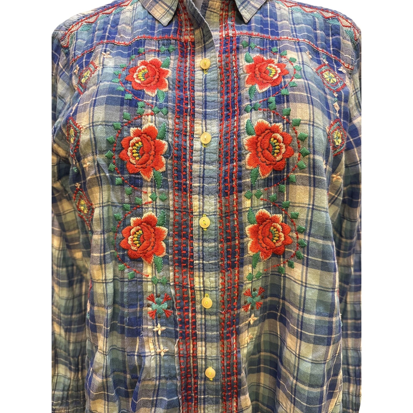 Johnny Was Blue Plaid Button-Up Shirt w/Red Floral Embroidery & Long Sleeves Size M