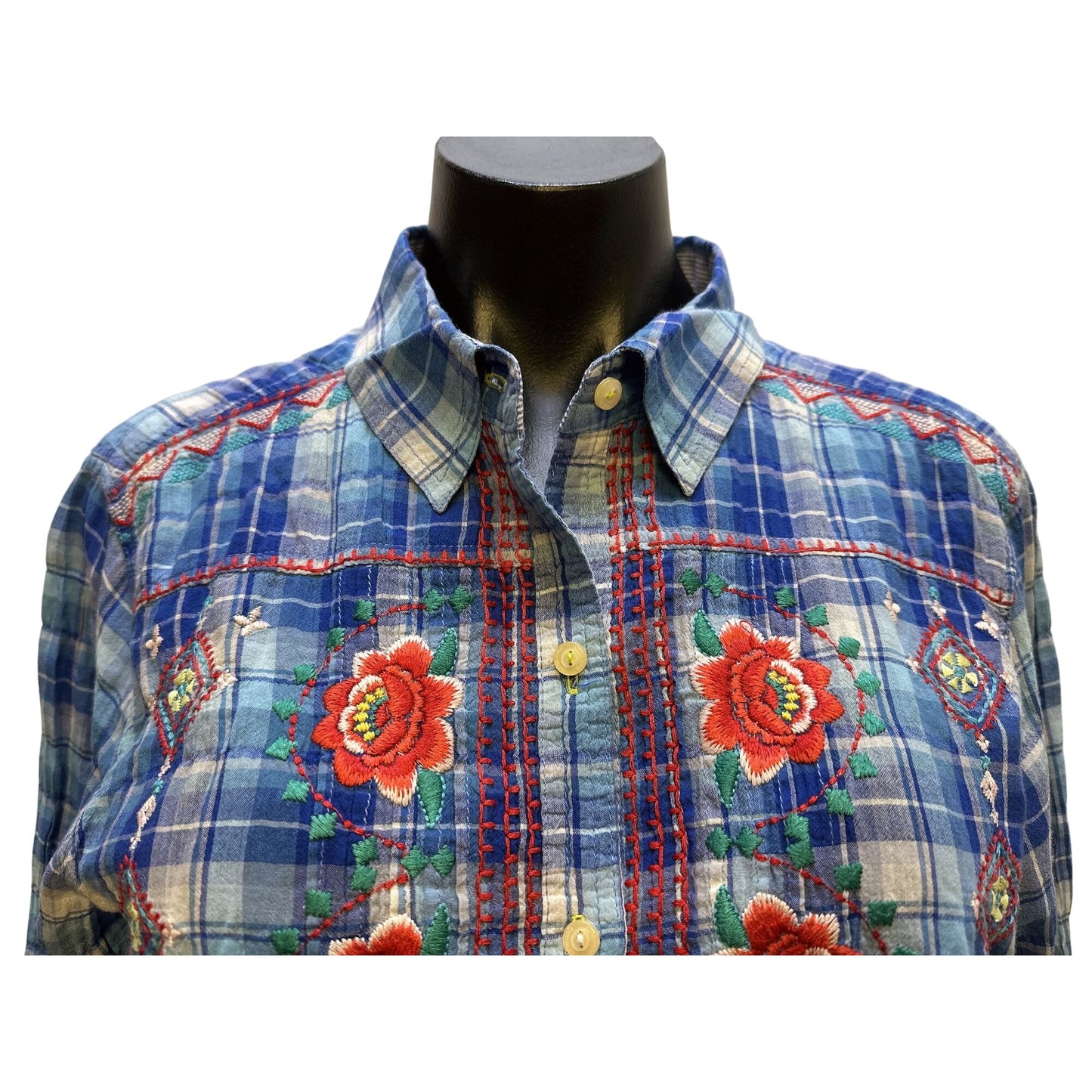 Johnny Was Blue Plaid Button-Up Shirt w/Red Floral Embroidery & Long Sleeves Size M