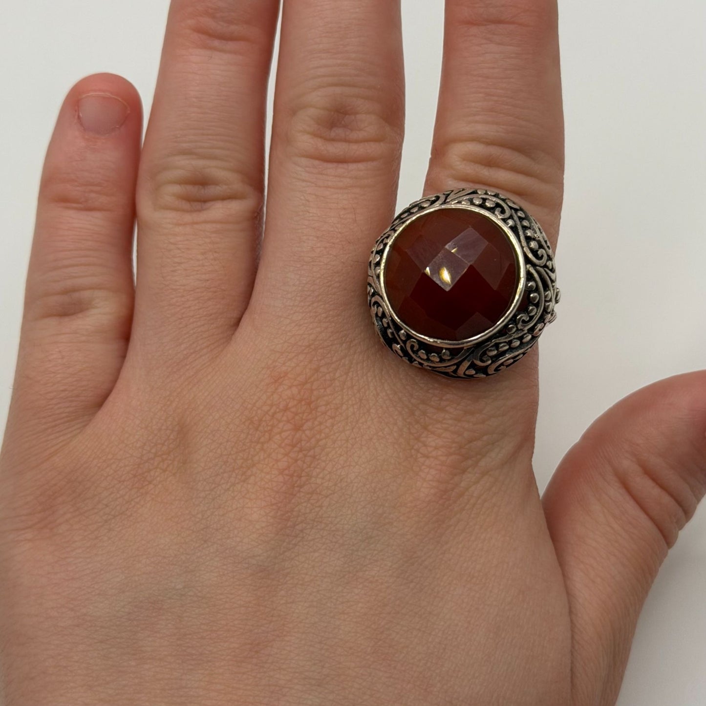 CFJ Sterling Silver 925 Faceted Large Carnelian Ring Size 7