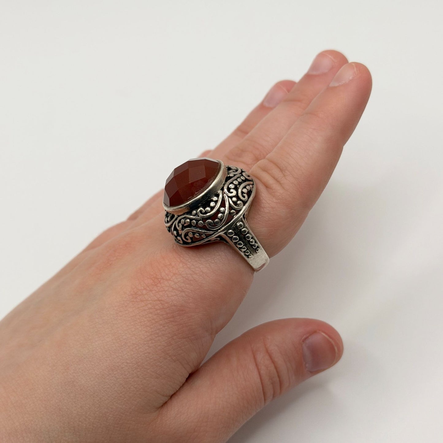 CFJ Sterling Silver 925 Faceted Large Carnelian Ring Size 7