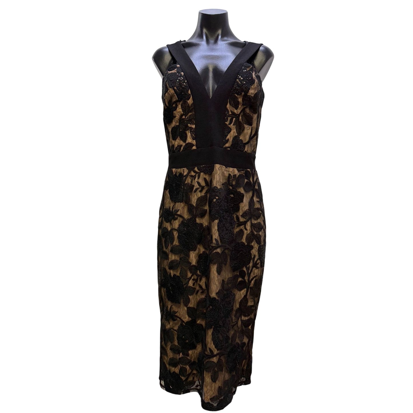 NWT Dress The Population Black & Nude Lace Overlay Midi Dress M