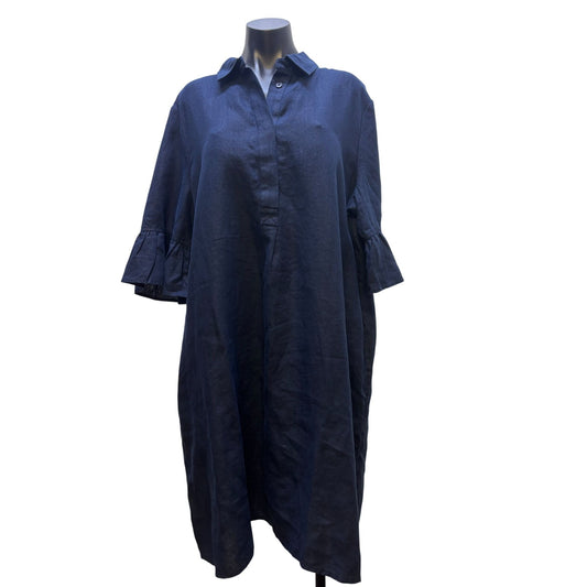 Chicos Navy Fluted Sleeve Linen Dress Size 3.5/18