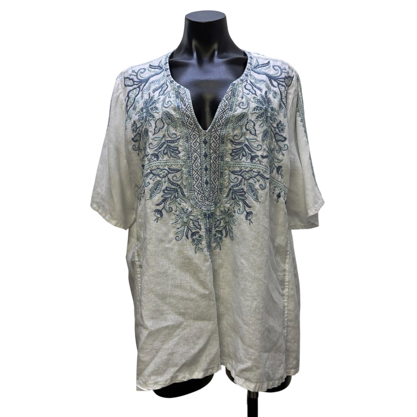 Johnny Was Linen Embroidered Tunic Blouse White & Blue XL