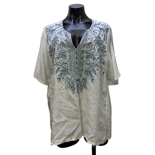 Johnny Was Linen Embroidered Tunic Blouse White & Blue XL