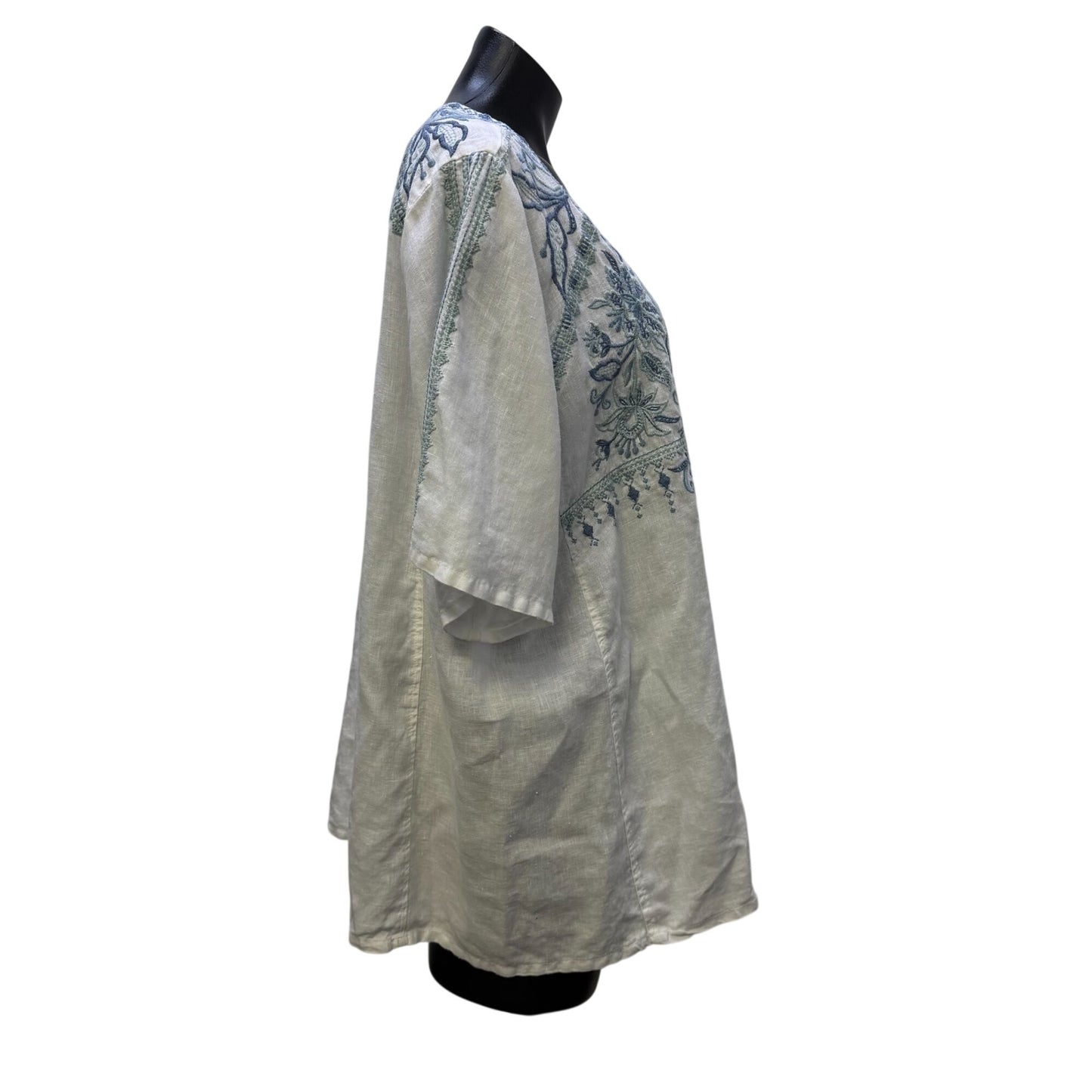 Johnny Was Linen Embroidered Tunic Blouse White & Blue XL
