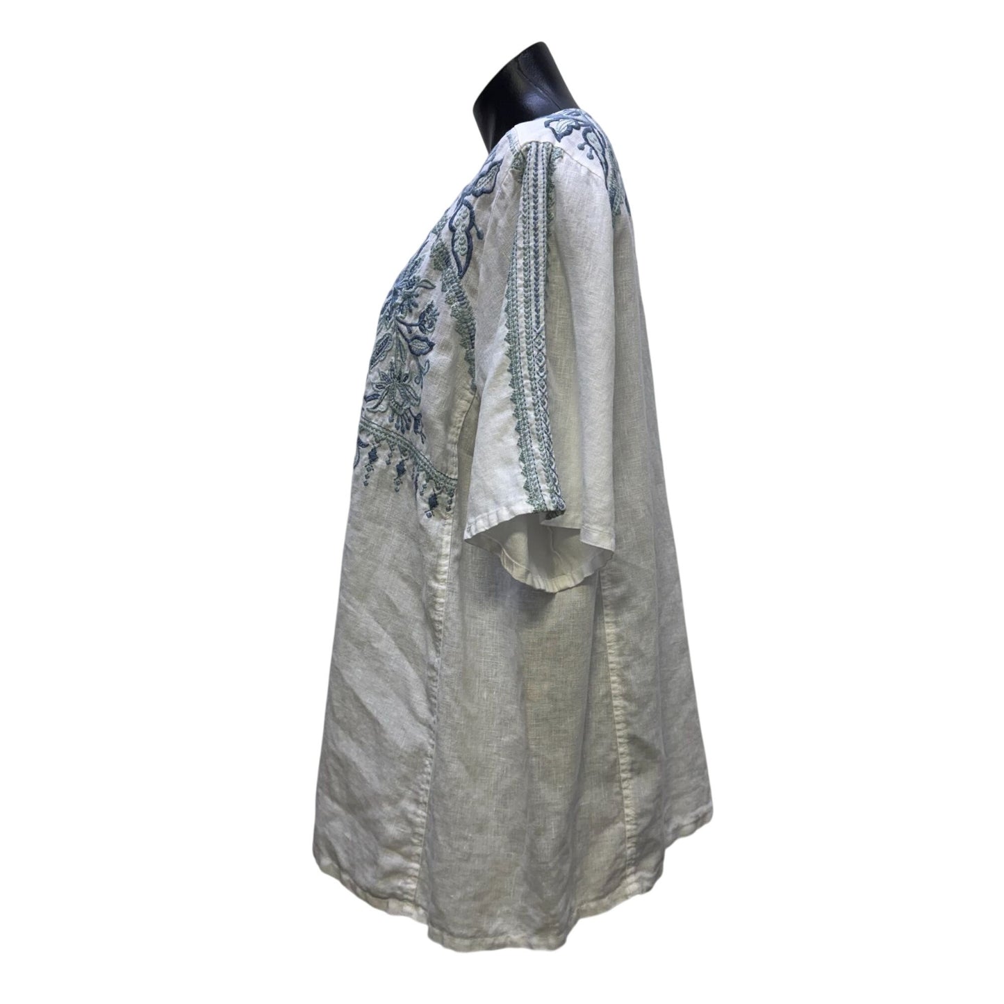 Johnny Was Linen Embroidered Tunic Blouse White & Blue XL