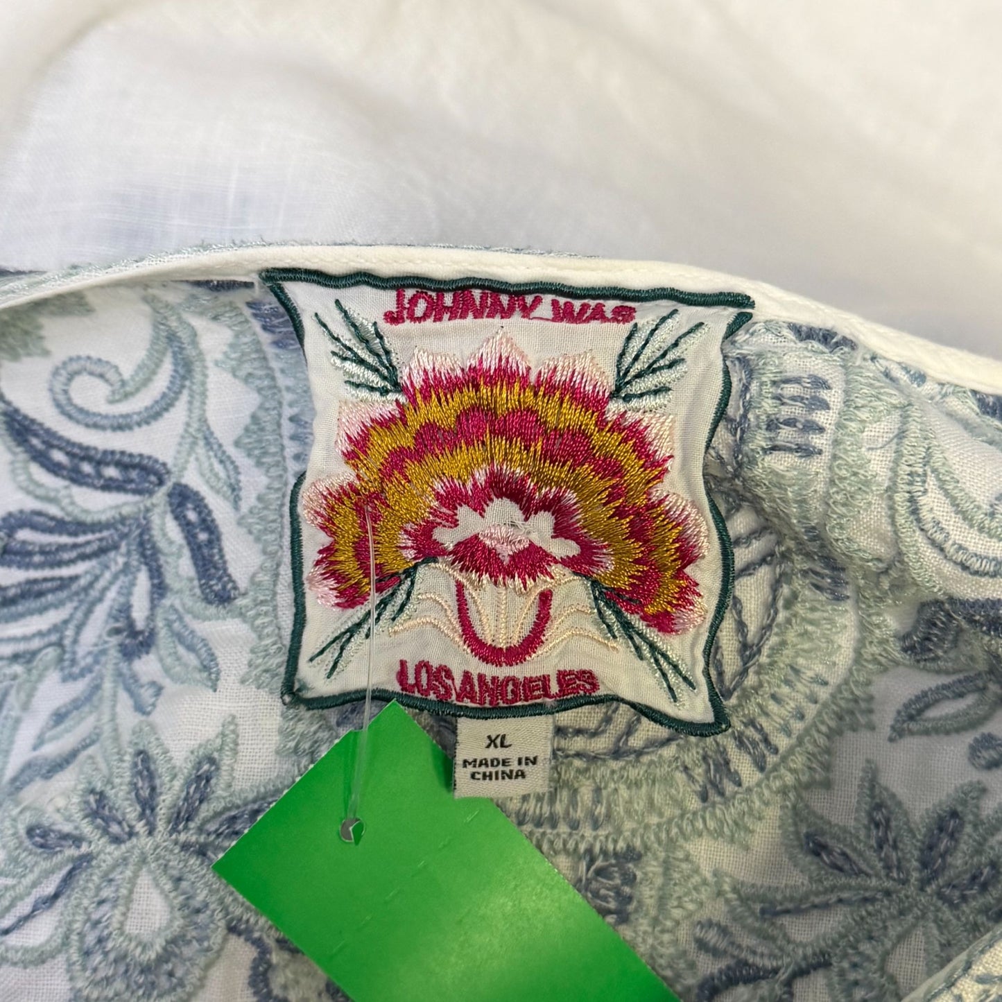 Johnny Was Linen Embroidered Tunic Blouse White & Blue XL