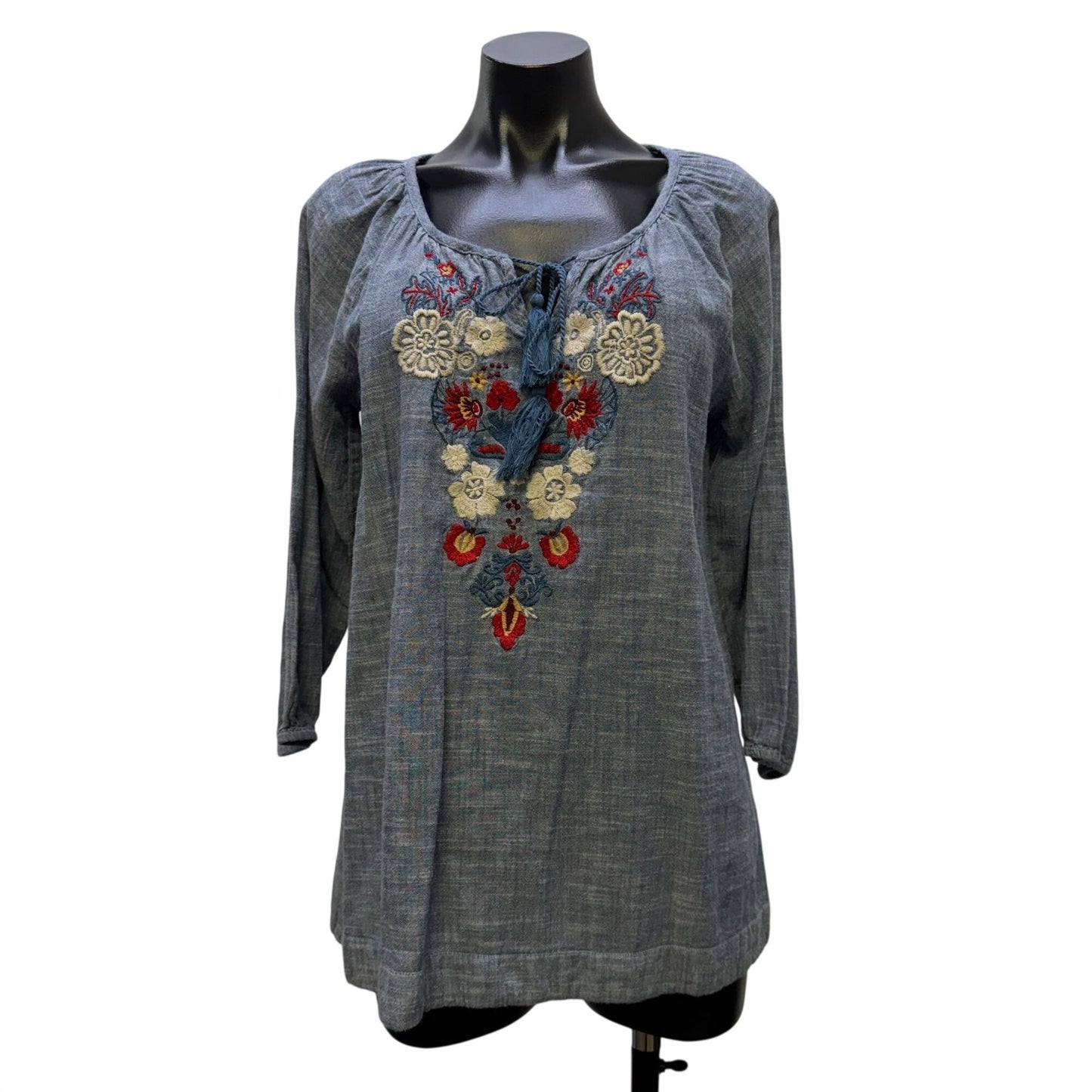 Kyla Seo Anthropologie Blouse Blue Red Floral Tie Neck Long Sleeve S