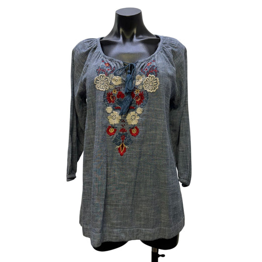 Kyla Seo Anthropologie Blouse Blue Red Floral Tie Neck Long Sleeve S