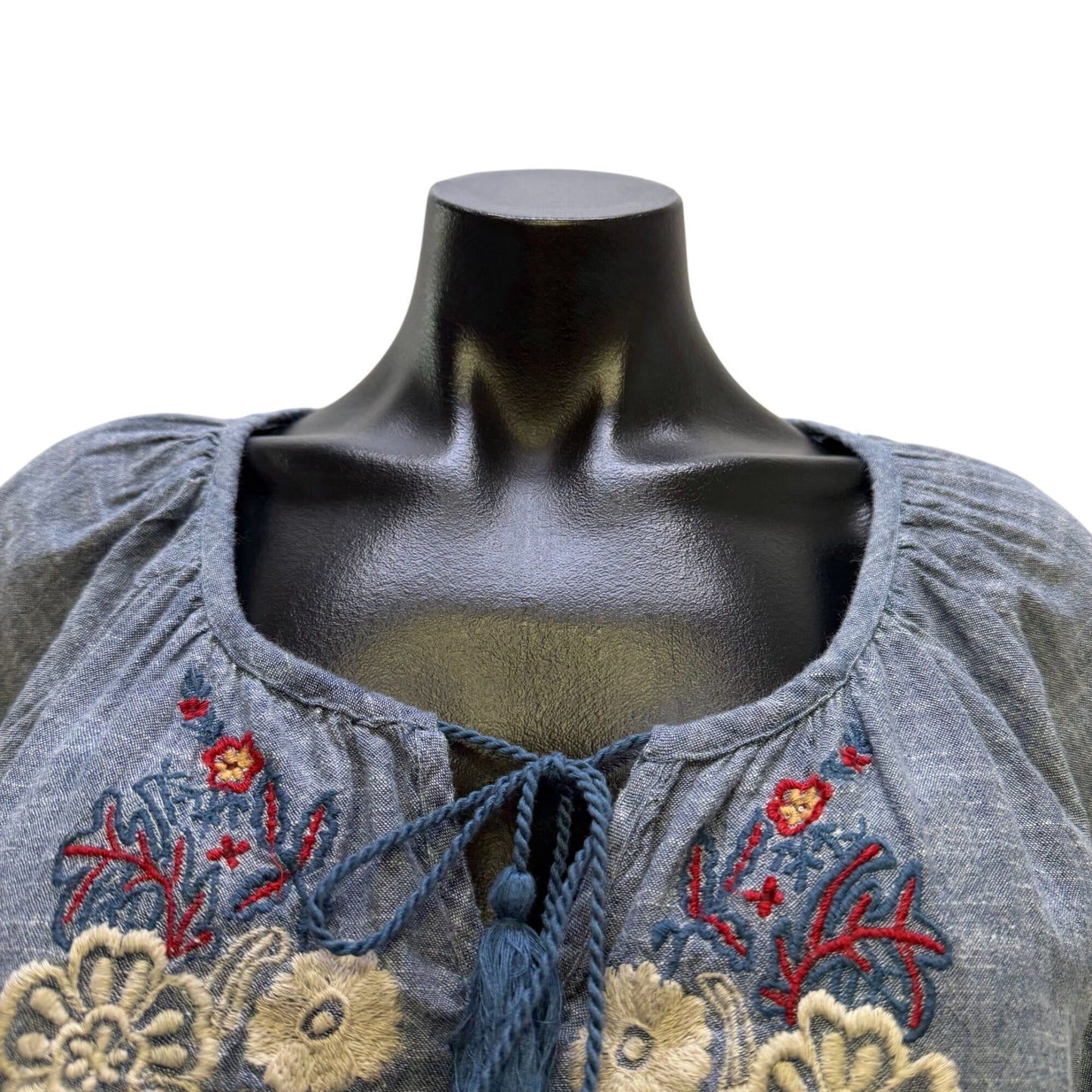 Kyla Seo Anthropologie Blouse Blue Red Floral Tie Neck Long Sleeve S