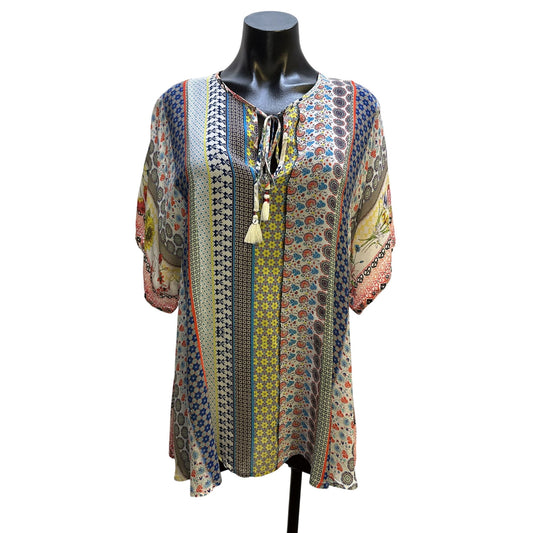 Johnny Was Multicolor Floral & Geometric Print Boho Tunic Blouse Size M