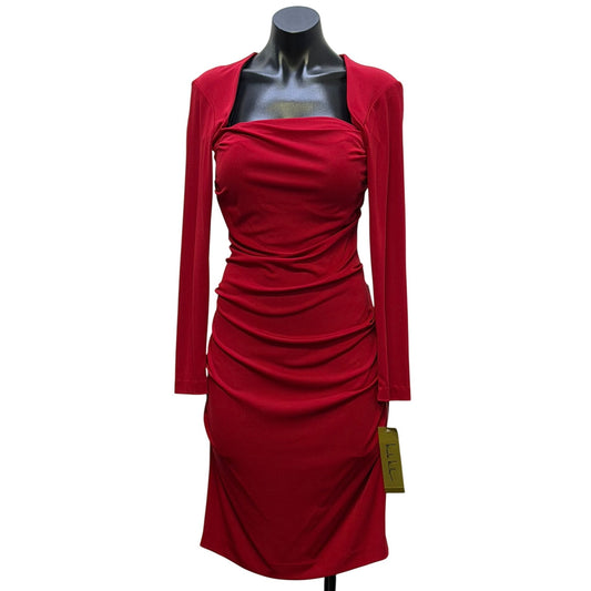 NWT Nicole Miller Red Long Sleeve Ruched Stretch Dress Size L