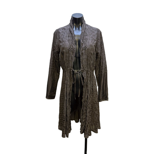 Johnny Was Vintage Gray Embroidered Open Front Silk Cardigan w/Drawstring Waist