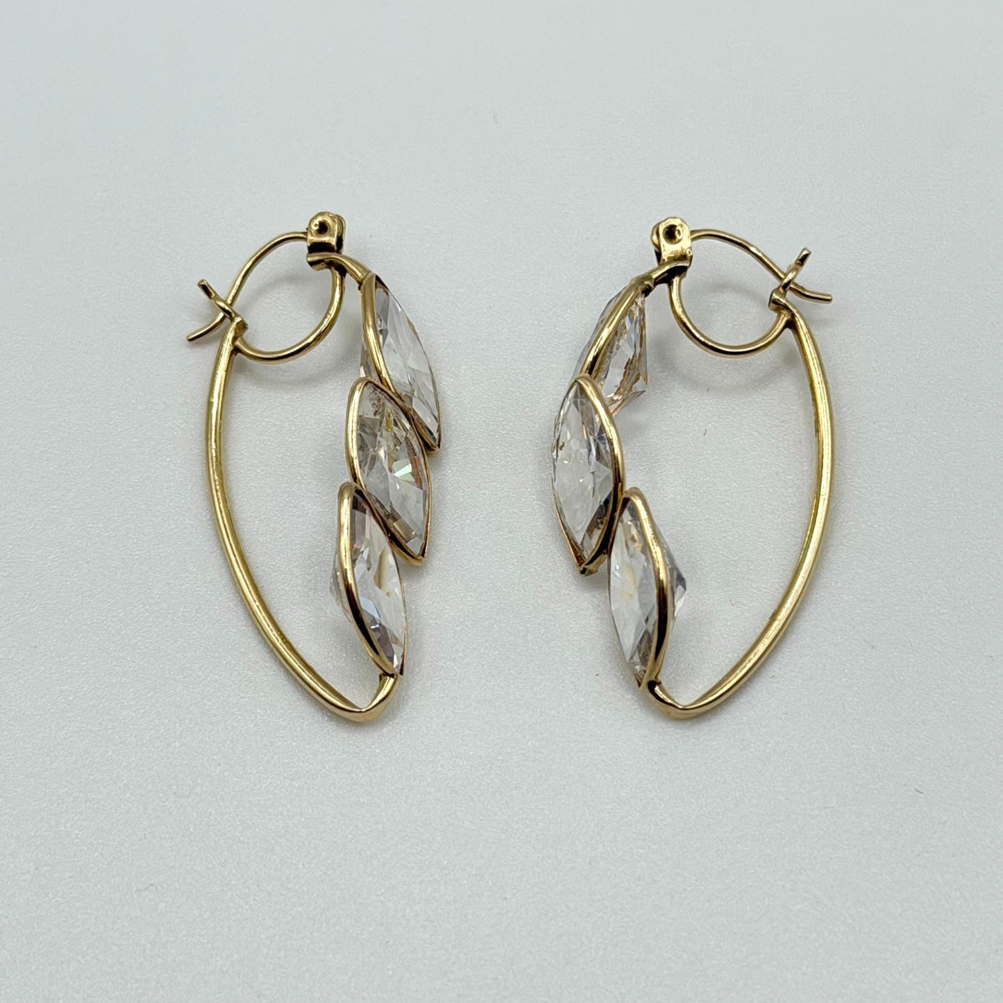 14K Gold Leaf-Shaped Hoop Earrings With Clear Crystal Accents