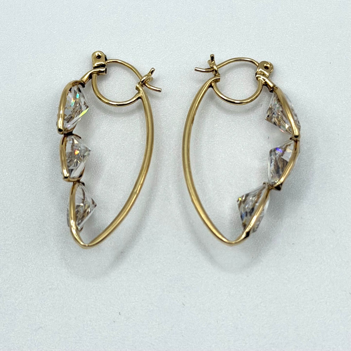 14K Gold Leaf-Shaped Hoop Earrings With Clear Crystal Accents