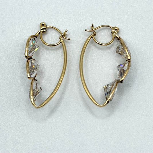 14K Gold Leaf-Shaped Hoop Earrings With Clear Crystal Accents