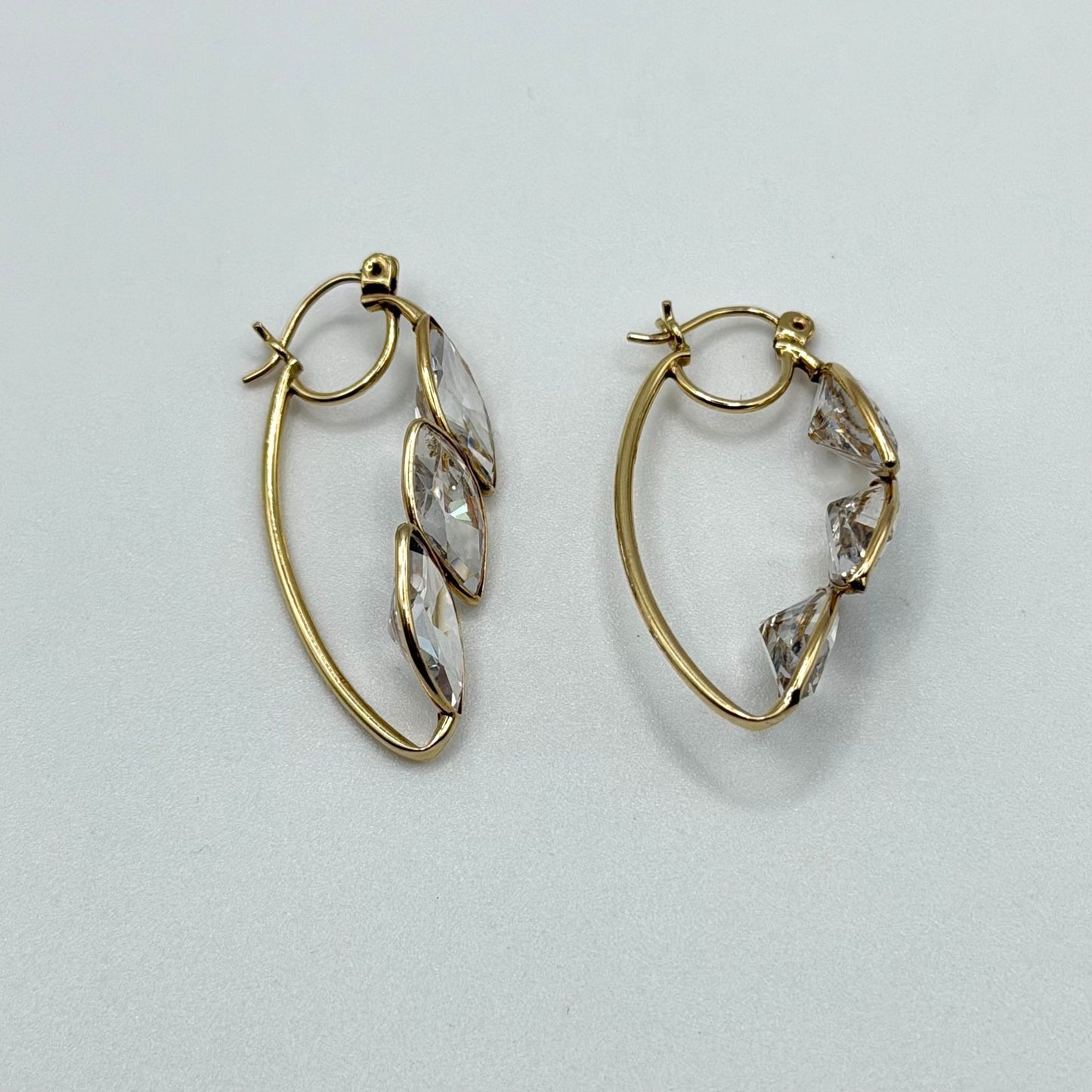 14K Gold Leaf-Shaped Hoop Earrings With Clear Crystal Accents