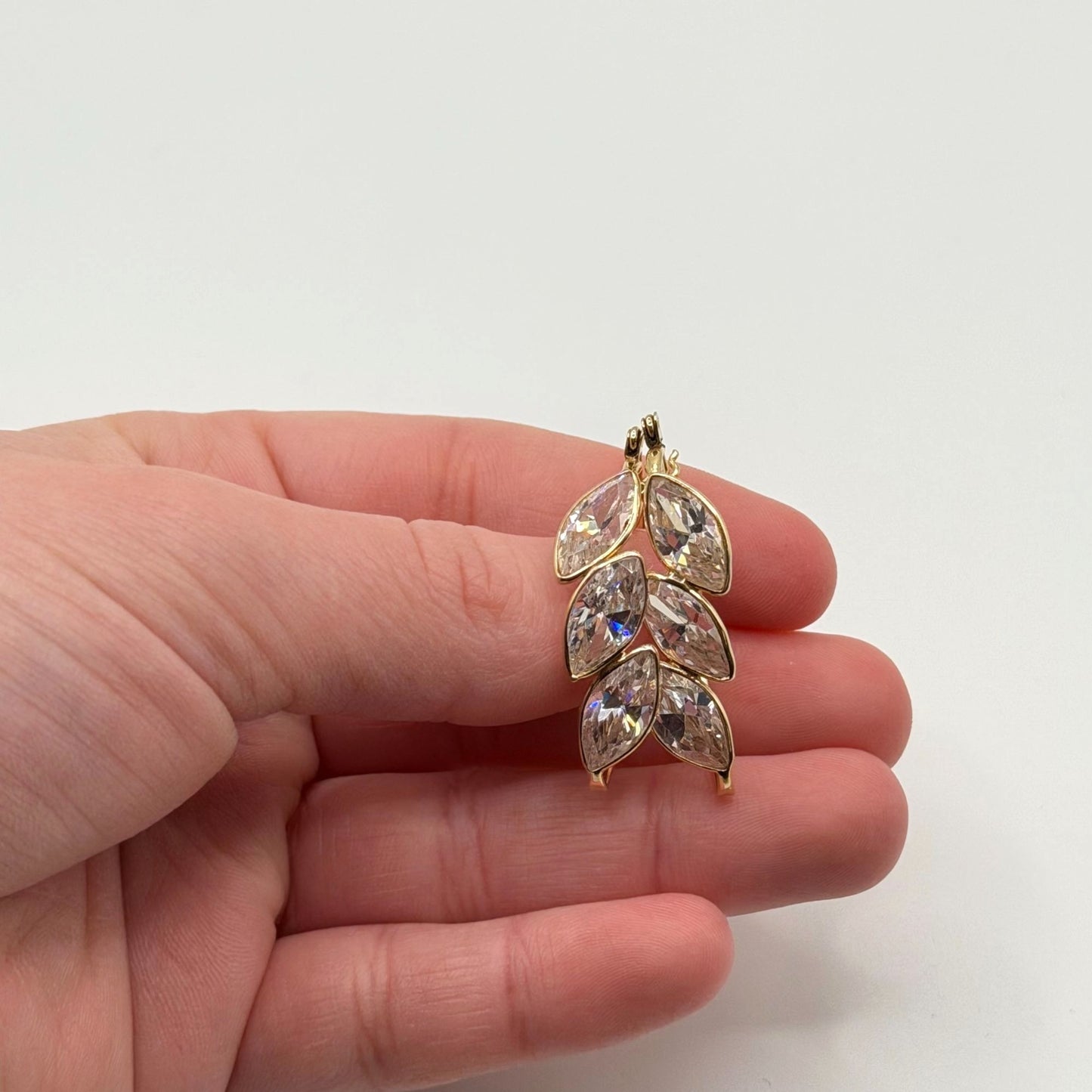 14K Gold Leaf-Shaped Hoop Earrings With Clear Crystal Accents