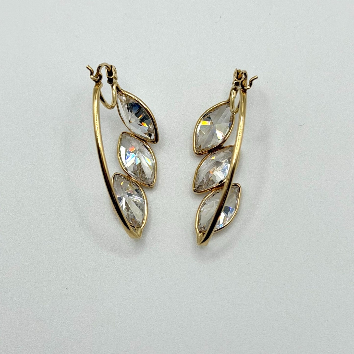 14K Gold Leaf-Shaped Hoop Earrings With Clear Crystal Accents