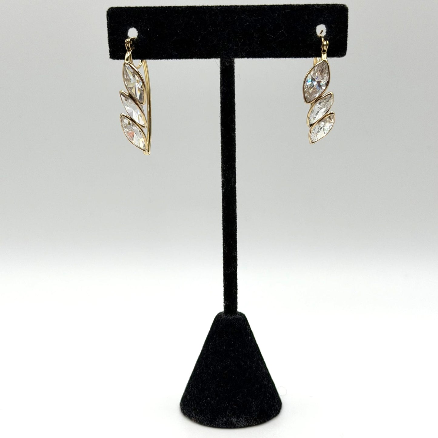 14K Gold Leaf-Shaped Hoop Earrings With Clear Crystal Accents