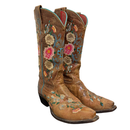 Macie Bean Floral Embroidered Brown Leather Cowboy Boots 6.5