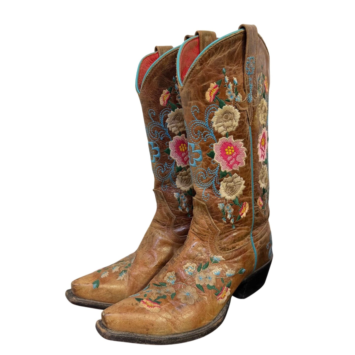 Macie Bean Floral Embroidered Brown Leather Cowboy Boots 6.5