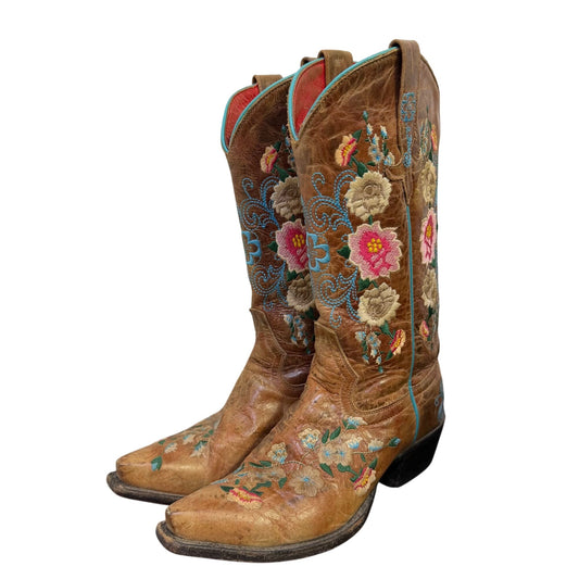Macie Bean Floral Embroidered Brown Leather Cowboy Boots 6.5